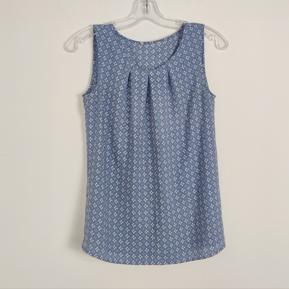 Women's Floral Sleeveless Pleated Blue Size Medium Blue White